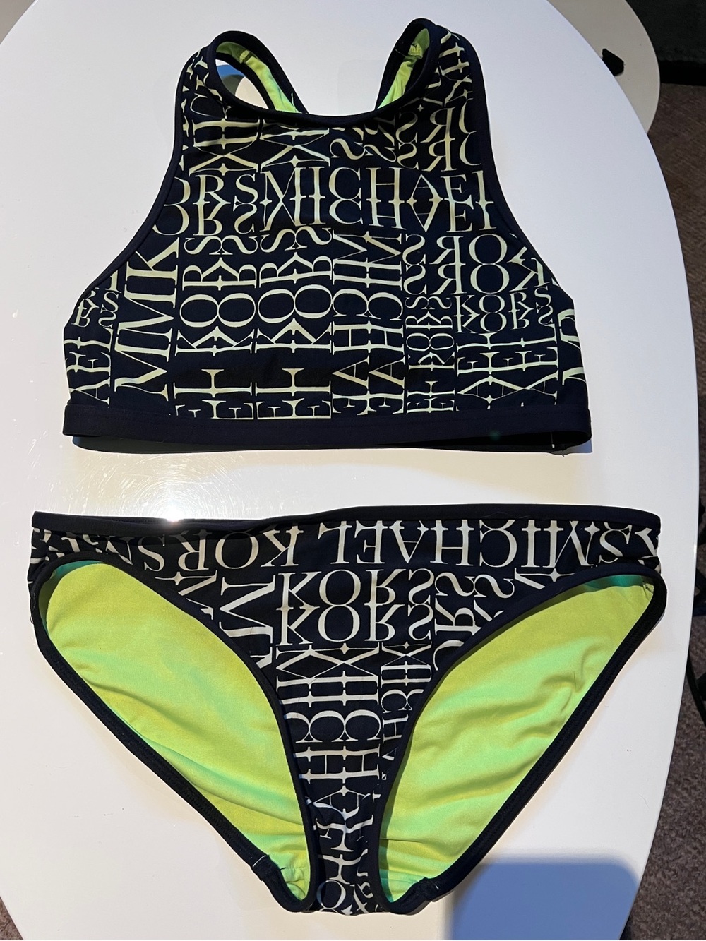 Black Michael kors Logo-Print Bikini Set with Lime Lining